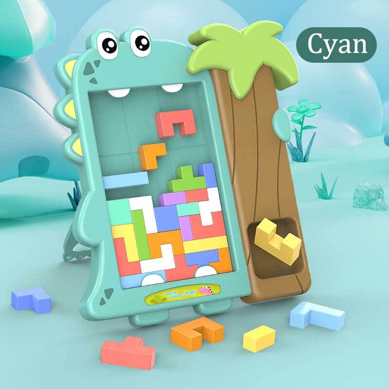 Child concentrating on a complex wooden tangram puzzle, encouraging focus and cognitive skills