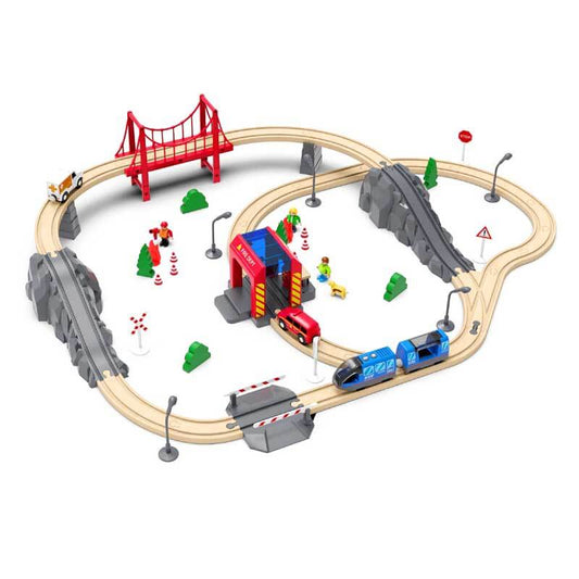 Kids wooden train set with battery-operated engine, tracks & figures for imaginative play