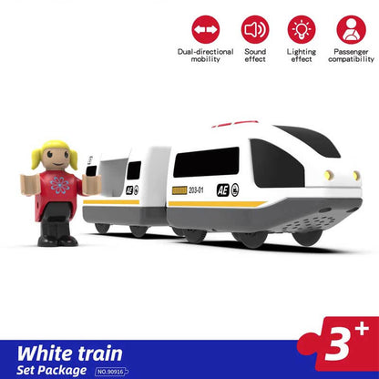 Kids wooden train set with battery engine and character figures, fostering creative play skills