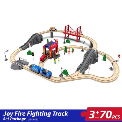 Preschool kids wooden train set, battery engine, 3 cars, conductor & passenger figures