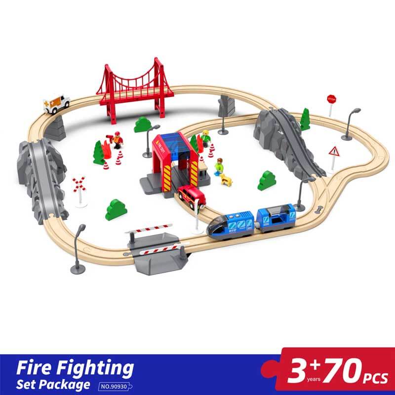 Educational wooden train set for kids with red battery-operated engine & varied track pieces