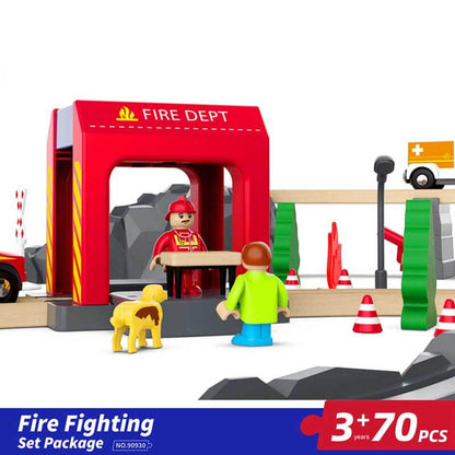 Wooden train set for kids, includes track layout, battery engine, trees & station parts