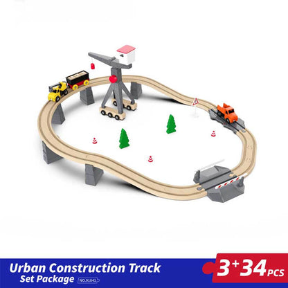 Wooden toy train set with battery-operated locomotive, compatible with other wooden tracks