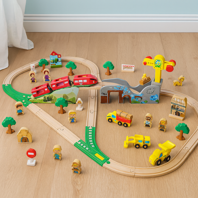 Kids wooden train set with magnetic crane, bridges, and tracks for imaginative toddler play.