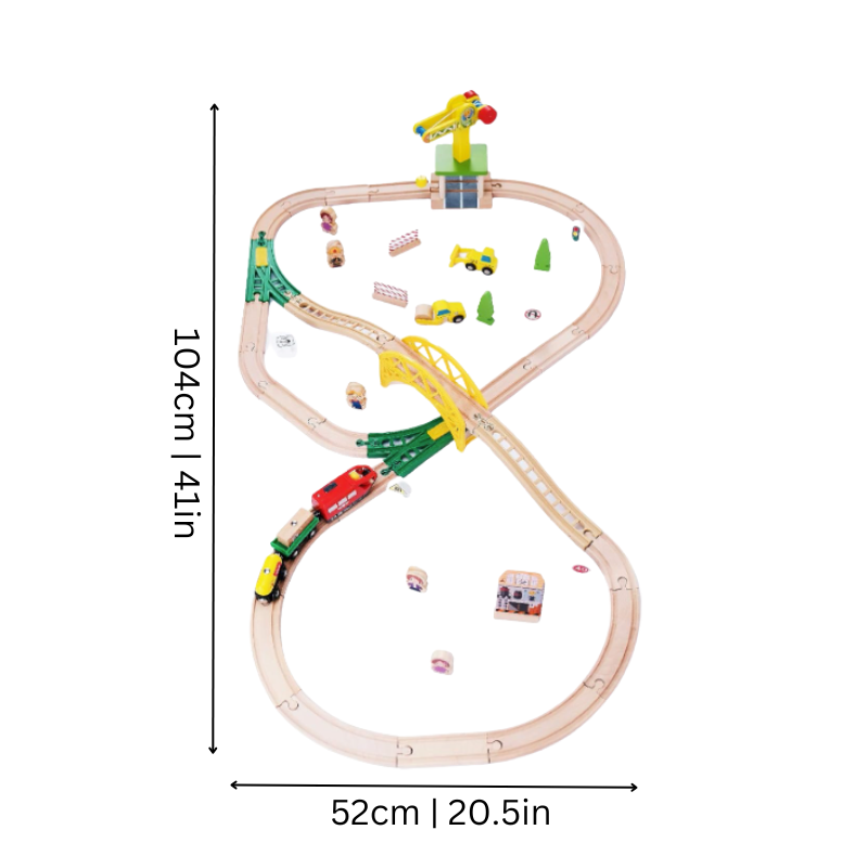 Colorful wooden train set with magnetic crane toy, perfect for promoting preschool learning and building skills.