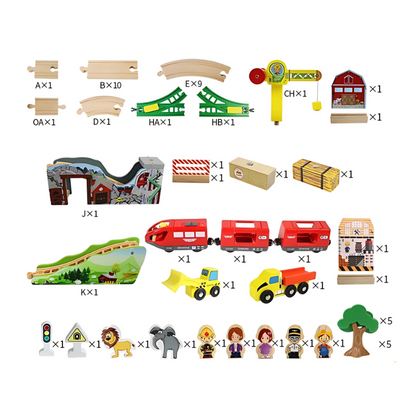 Toddler playing with a wooden train set, magnetic crane, bridges, and vehicles; an educational imagination toy.