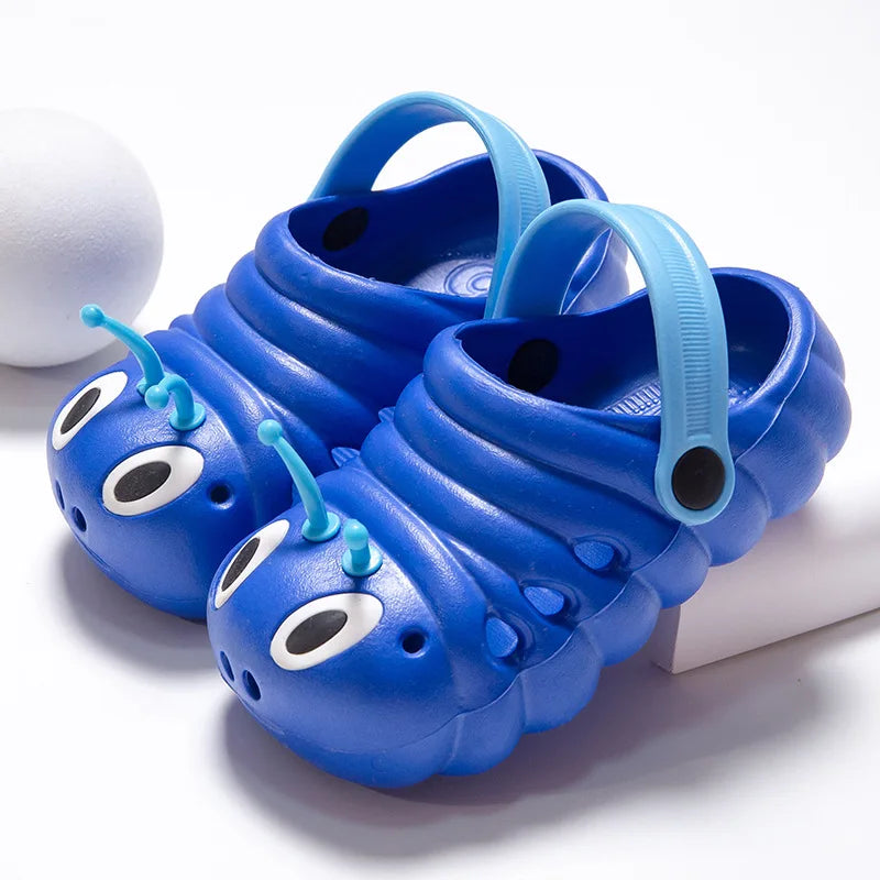 Close-up of vibrant green caterpillar kids' sandals with slip-on design, perfect toddler shoes