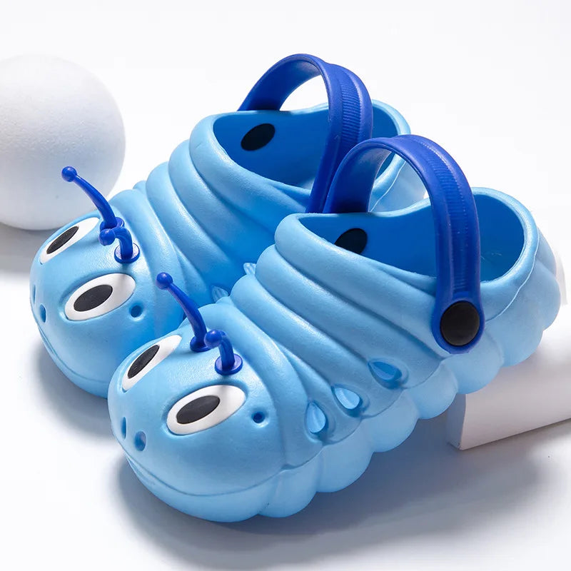 Pair of blue caterpillar summer clogs for children, lightweight and easy-to-wear baby sandals