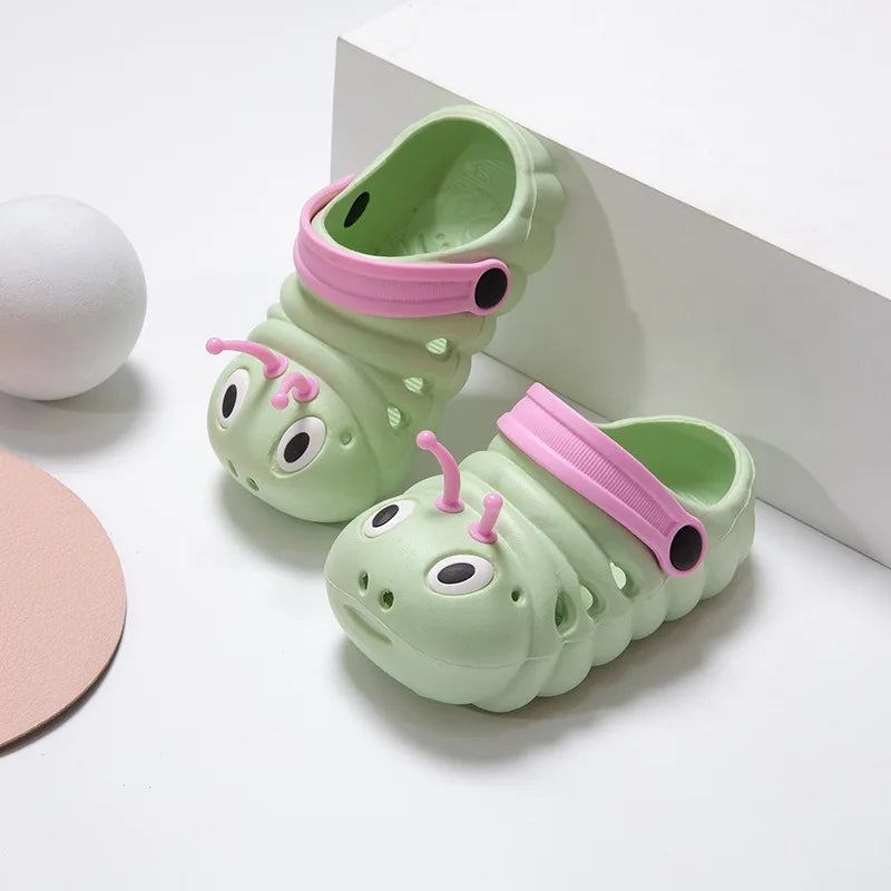 Group of colorful caterpillar kids' slip-on sandals in red, yellow, and blue for summer playtime