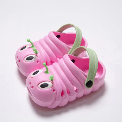Side view of pink caterpillar toddler clogs, comfortable and lightweight children's summer footwear