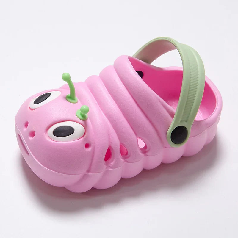 Top-down view of orange caterpillar kids' summer sandals, durable and colorful baby clogs