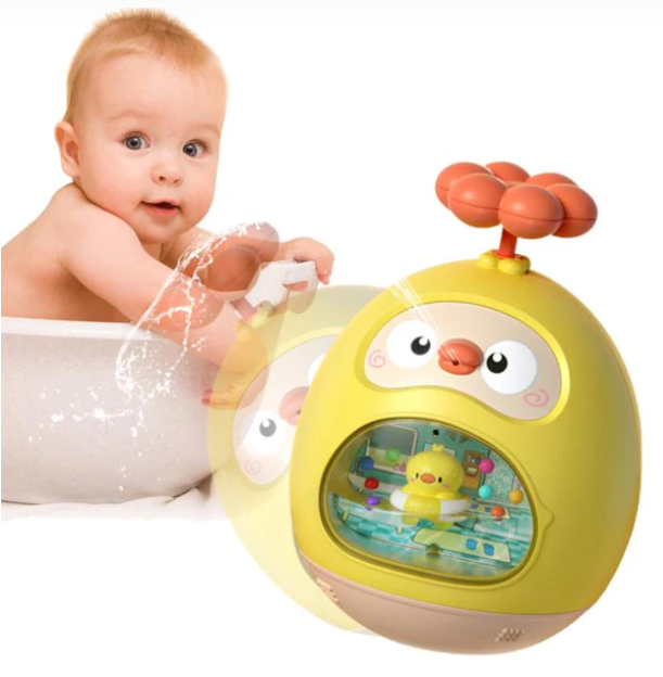 Bathing fun with a plastic duck sprinkler toy, ideal for kids' bath time games and water play.