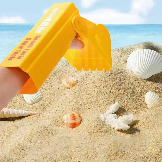 Kids' yellow sand digger toy with red lever, perfect for outdoor creative beach and sandbox play