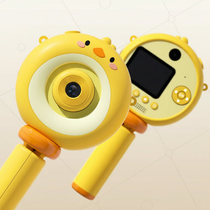 Close-up of KidSnap toy camera, blue, demonstrating easy-to-use buttons for children