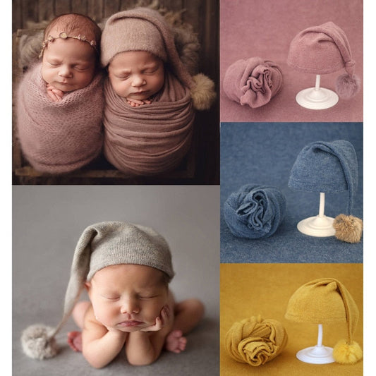 Knitted baby swaddle wrap & fur ball hat set for newborn photography, soft beige.