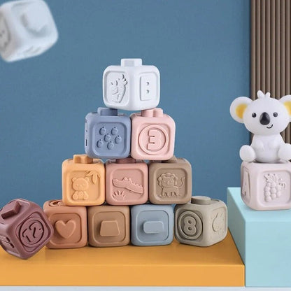 Koala Cubes silicone baby teether and stacking toy for sensory development and fine motor skills