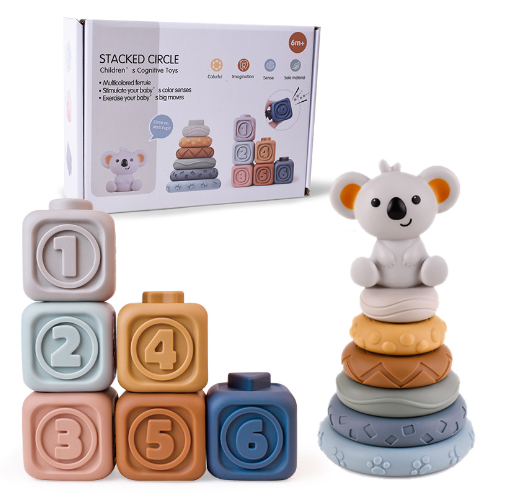 Montessori-inspired Koala Cubes baby teether, a soft silicone stacking toy for infants