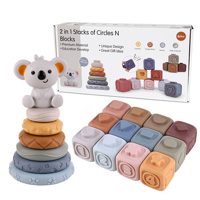 Koala Cubes stacking teether in various colors, an educational baby toy for sensory development