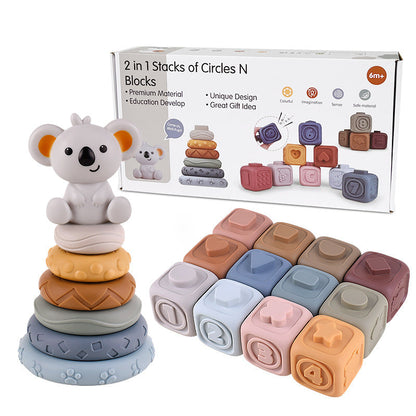 Koala Cubes stacking teether in various colors, an educational baby toy for sensory development