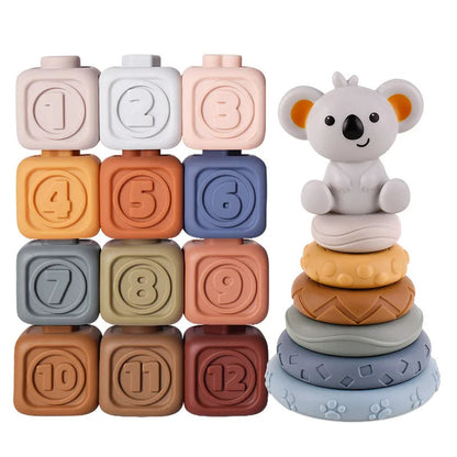 Koala Cubes stacked pyramid, demonstrating its use as an educational toy for young children