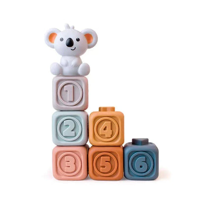 Set of Koala Cubes stacking toys with different textures, ideal for sensory development in babies