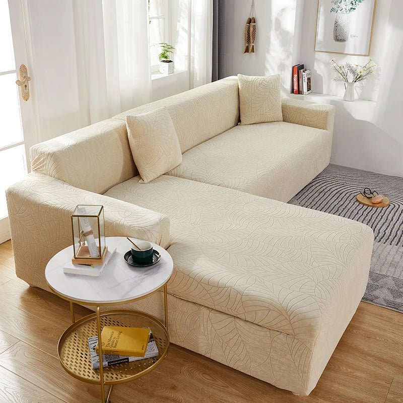 Stylish L-shape sectional slipcover, a polyester stretch cover for easy home decor updates.