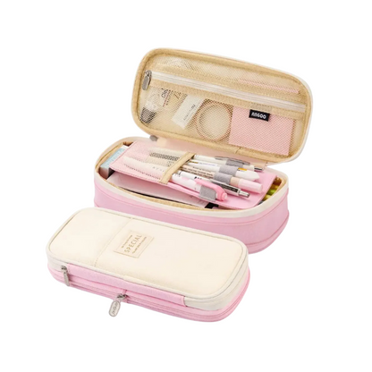 Unisex pencil pouch with dual zippers, designed for efficient stationery storage and travel organization.