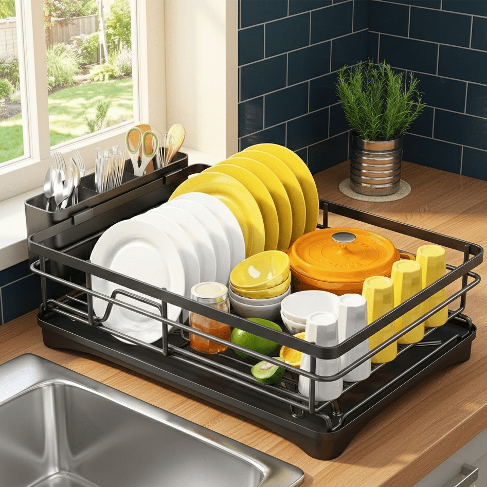 Large kitchen dish drainer with integrated drip tray, perfect for drying dishes & utensils efficiently.