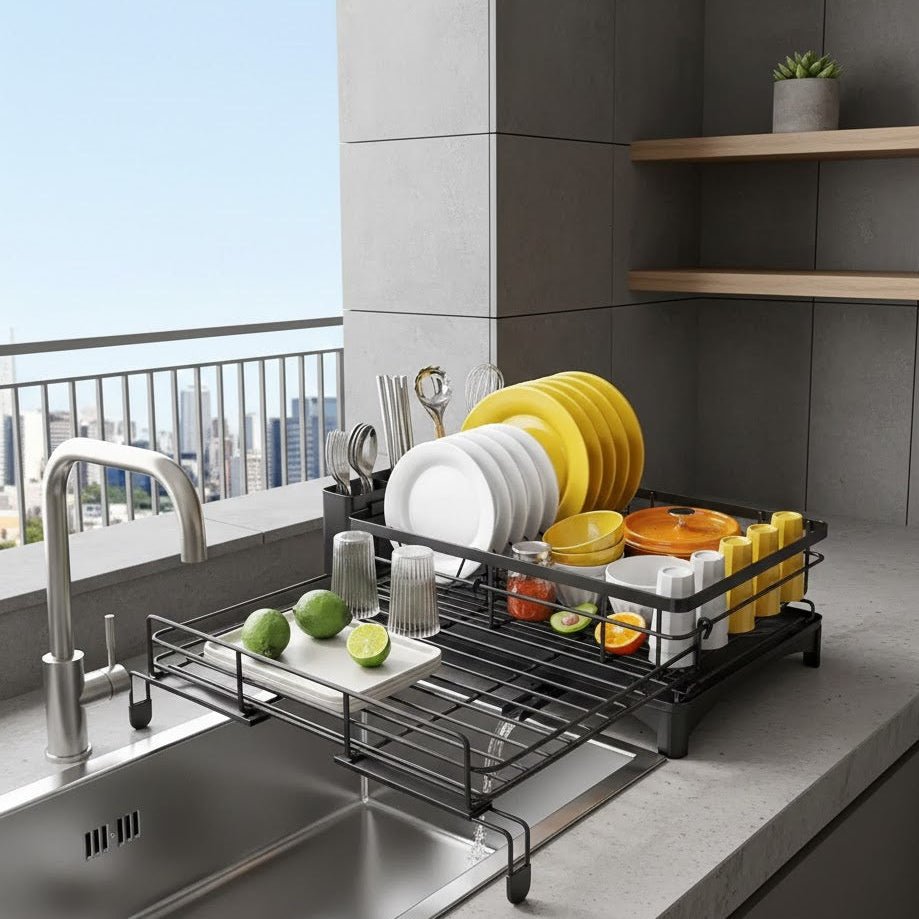 Spacious dish drying rack for kitchen countertops, featuring a built-in drip tray for easy drainage.
