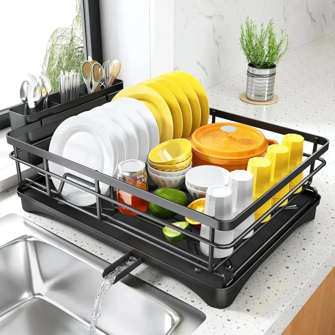 Modern large dish drainer with utensil holder & integrated drip tray, ideal for kitchen organization.