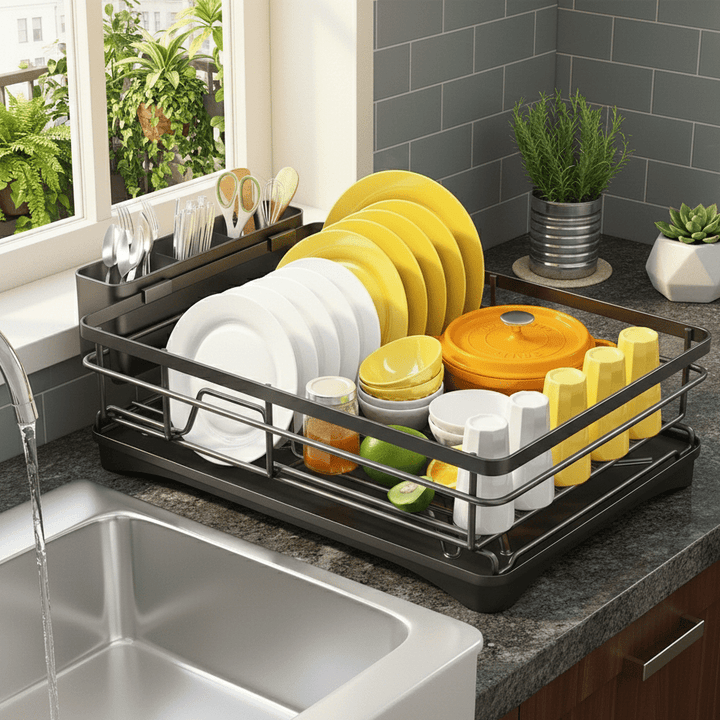 Countertop dish rack in a large size, designed with an attached drip tray to keep your kitchen dry.