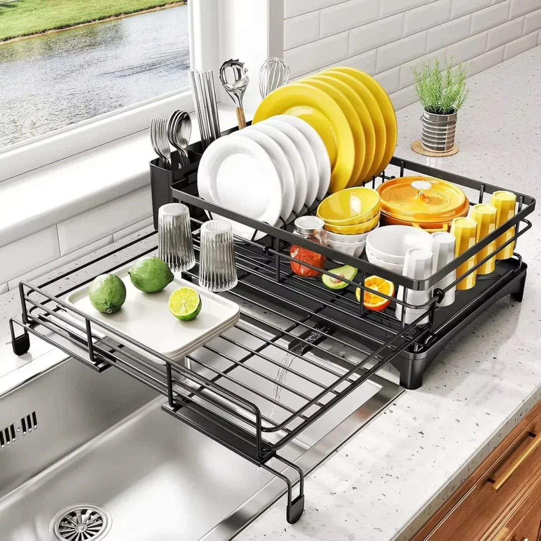 Efficient kitchen dish organizer: a large drying rack with a convenient integrated drip tray for dishes.