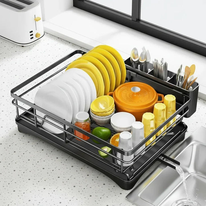 Heavy-duty large dish drainer & drying rack with an integrated drip tray, keeps kitchen counters clean.