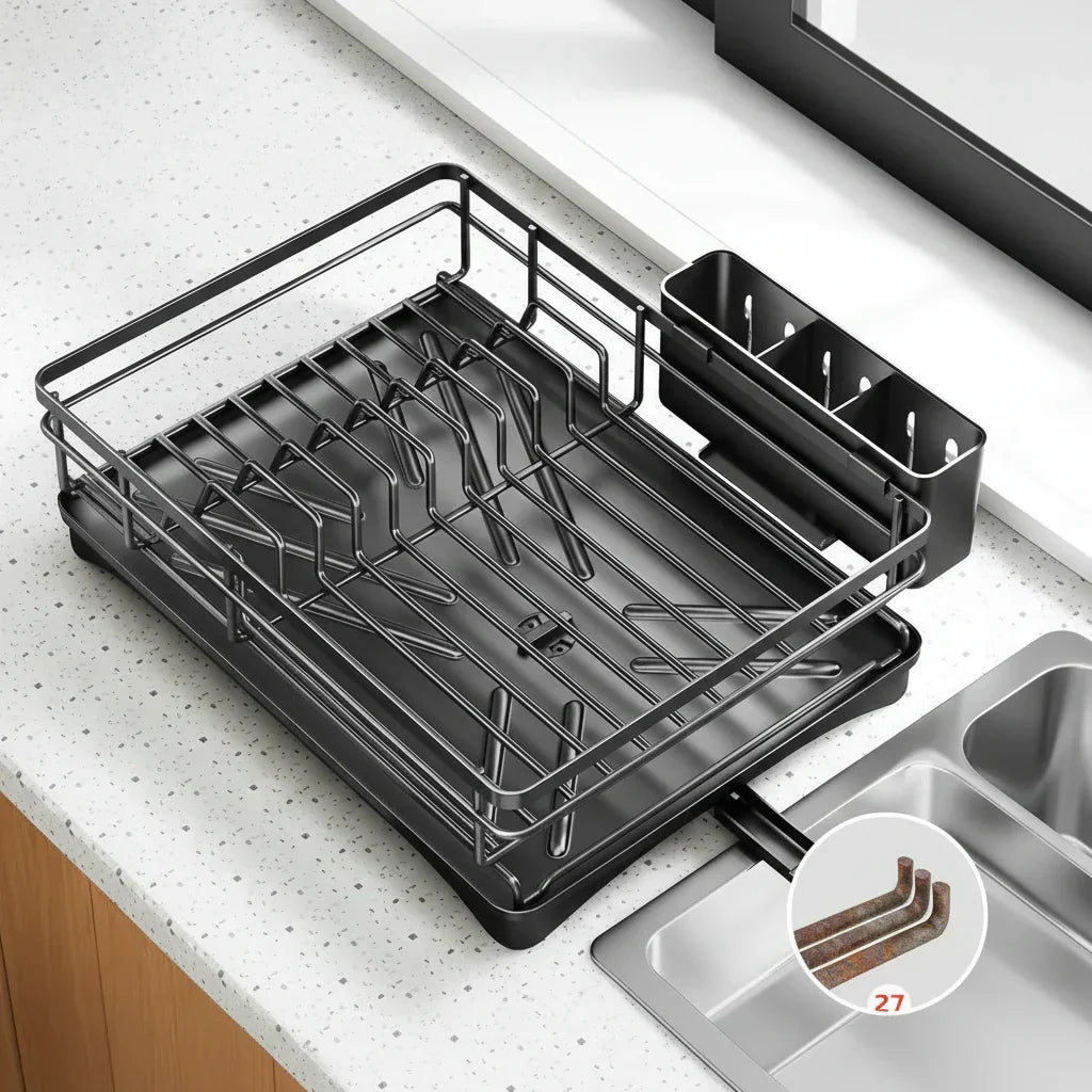 Premium large kitchen dish drainer, a sink accessory with integrated drip tray for neat dish drying.