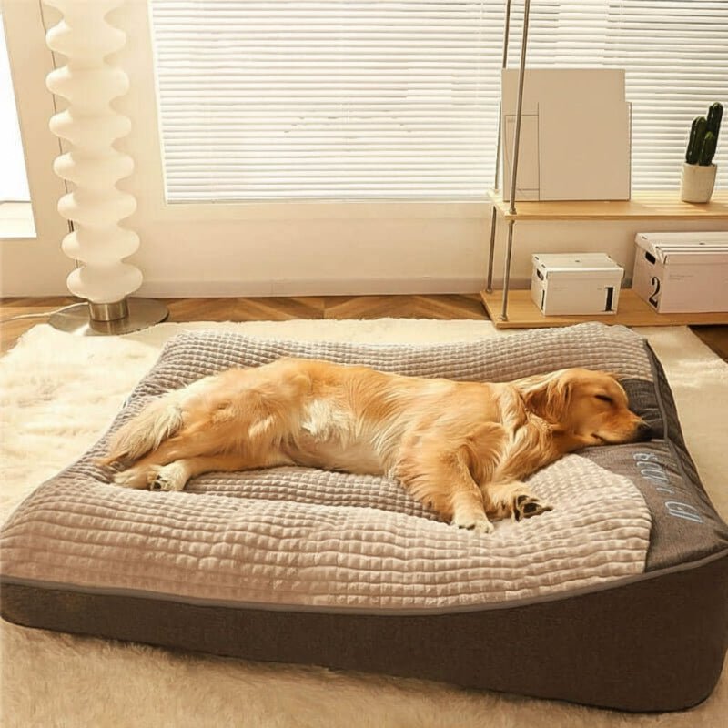 Scratch-resistant large dog bed with durable fabric, providing long-lasting comfort for pets.