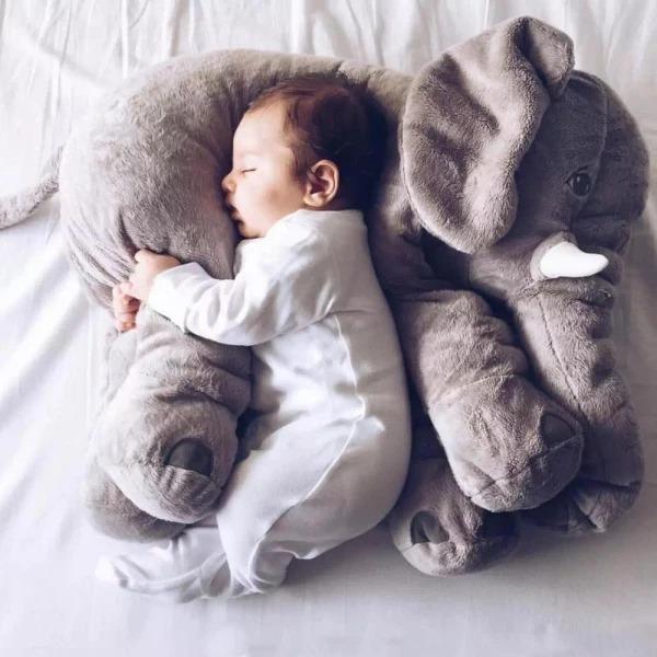 Large plush elephant pillow, soft gray, perfect baby toy & nursery decor, gentle comfort for infants