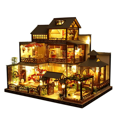 Large realistic wooden dollhouse, a detailed architectural model for creative play or elegant home decor.
