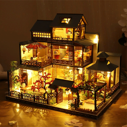 DIY wooden dollhouse kit with LED lights, a fun craft project to build a realistic miniature house.