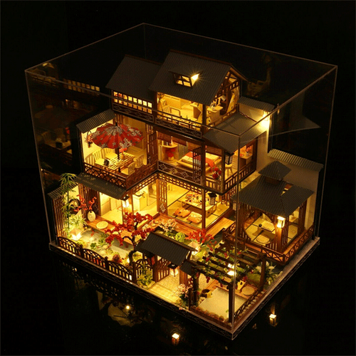 Educational wooden dollhouse model kit, a challenging hobby project with realistic details & LED illumination.
