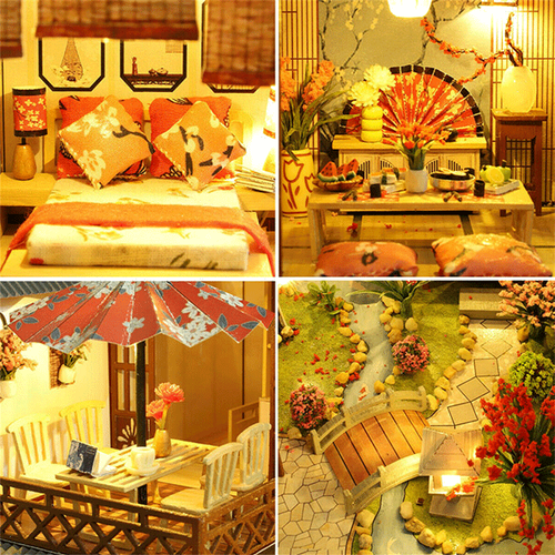 Spacious realistic wooden dollhouse, a detailed miniature house with intricate design & enchanting LED lights.