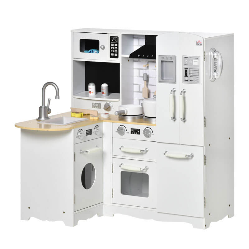 Large wooden pretend play kitchen set for kids with realistic stove, oven, & sink for immersive role play