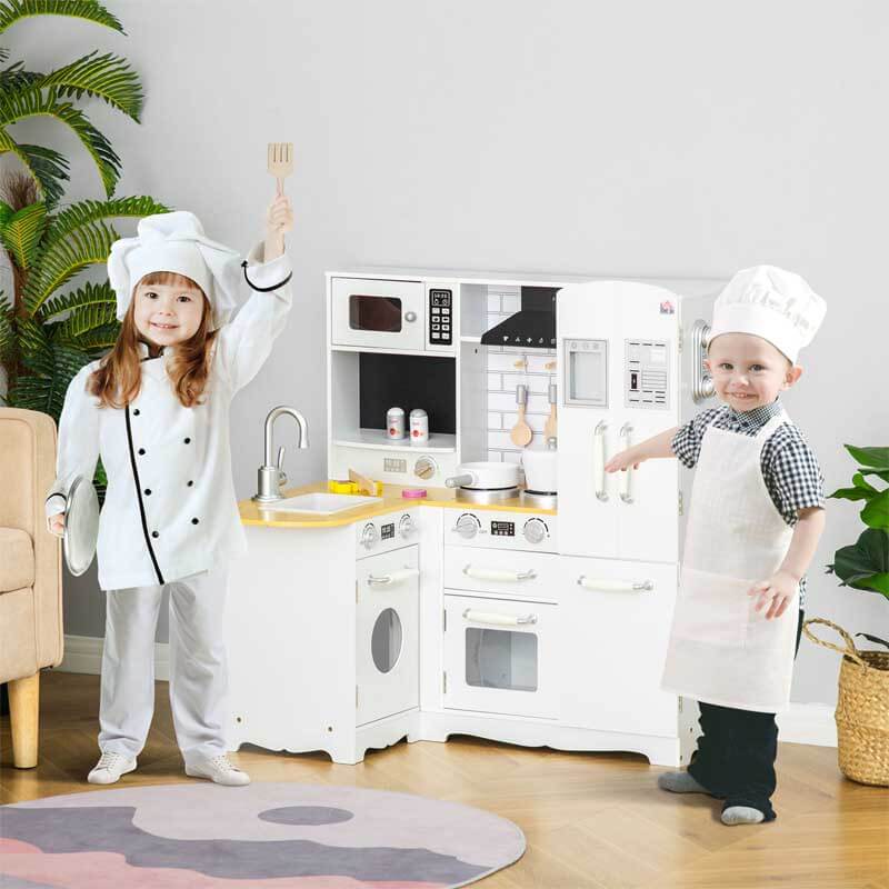 Children's wooden play kitchen set featuring a refrigerator, microwave, and storage, perfect for educational fun