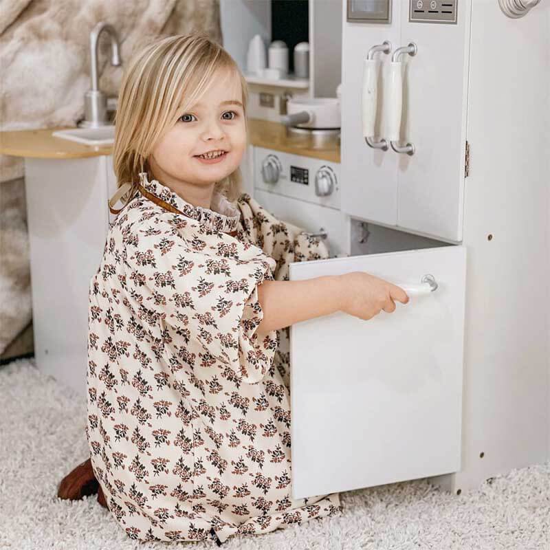 Kids activity toy: a large wooden kitchen set with a complete suite of appliances for imaginative pretend cooking