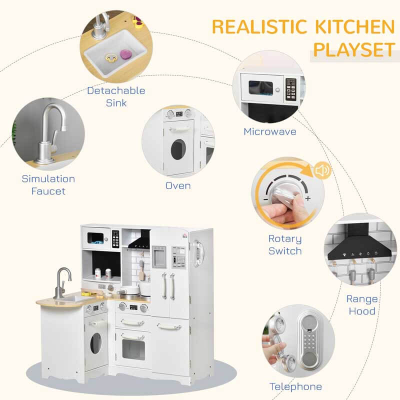 Educational kids toy: large wooden kitchen set with interactive elements like turnable knobs and opening doors
