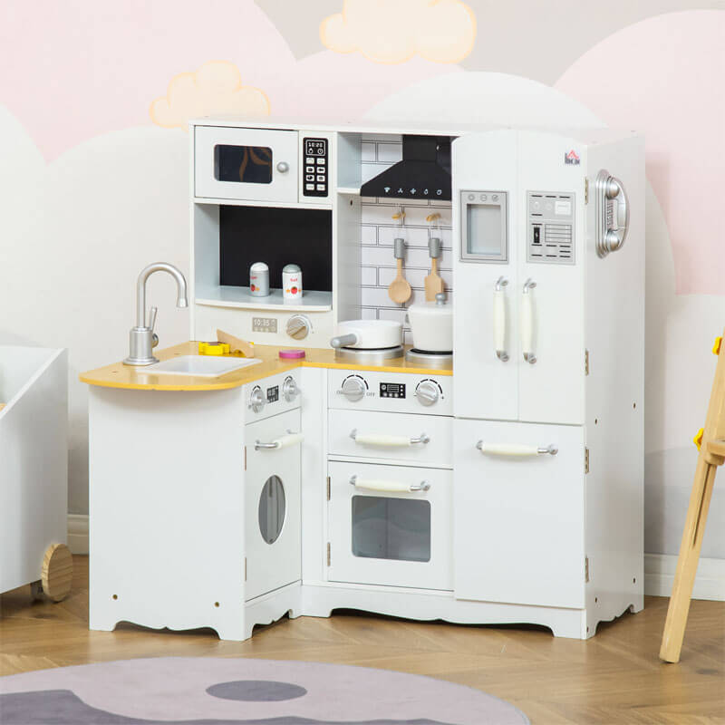 Durable wooden kids kitchen set, ideal for pretend play, featuring realistic oven, fridge, and storage compartments