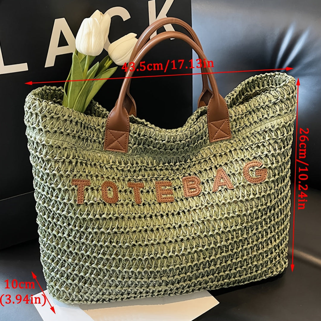 Modern large woven shopper bag, a women's shoulder bag with stylish leather handles.