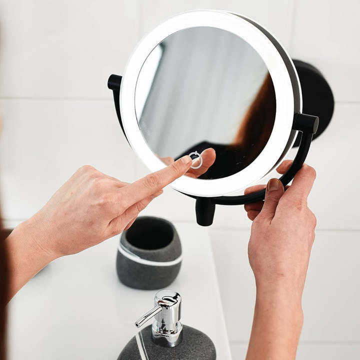 Rechargeable magnifying mirror with LED lights for precise grooming and beauty routines.