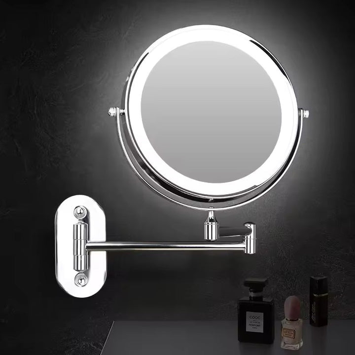 Portable cosmetic mirror featuring clear LED illumination & powerful magnification for travel or daily use.