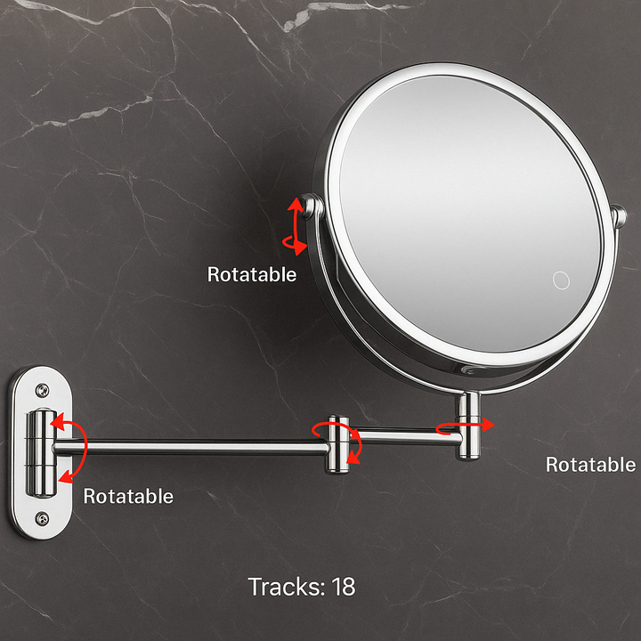 Modern lighted vanity mirror with touch controls, offering magnified views for perfect makeup application.