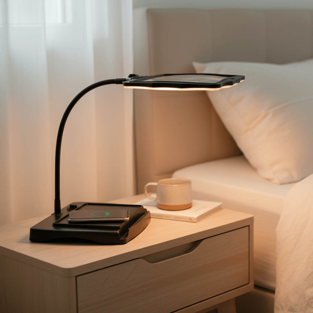 LED magnifying lamp with flexible arm for detailed crafts and reading. Hands-free precision tool for hobbies.